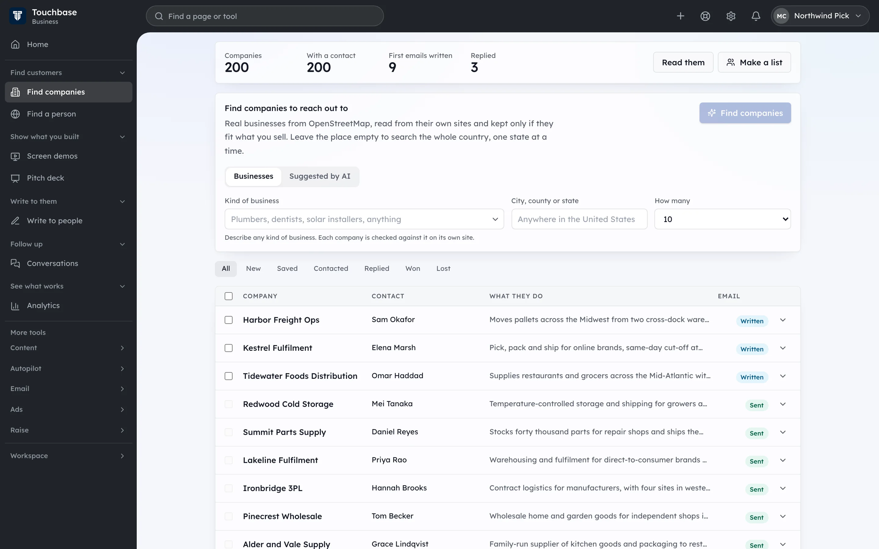 The Touchbase Find companies screen: a search for a kind of business and a place, and below it a list of companies with a contact, what they do and whether a first email is written